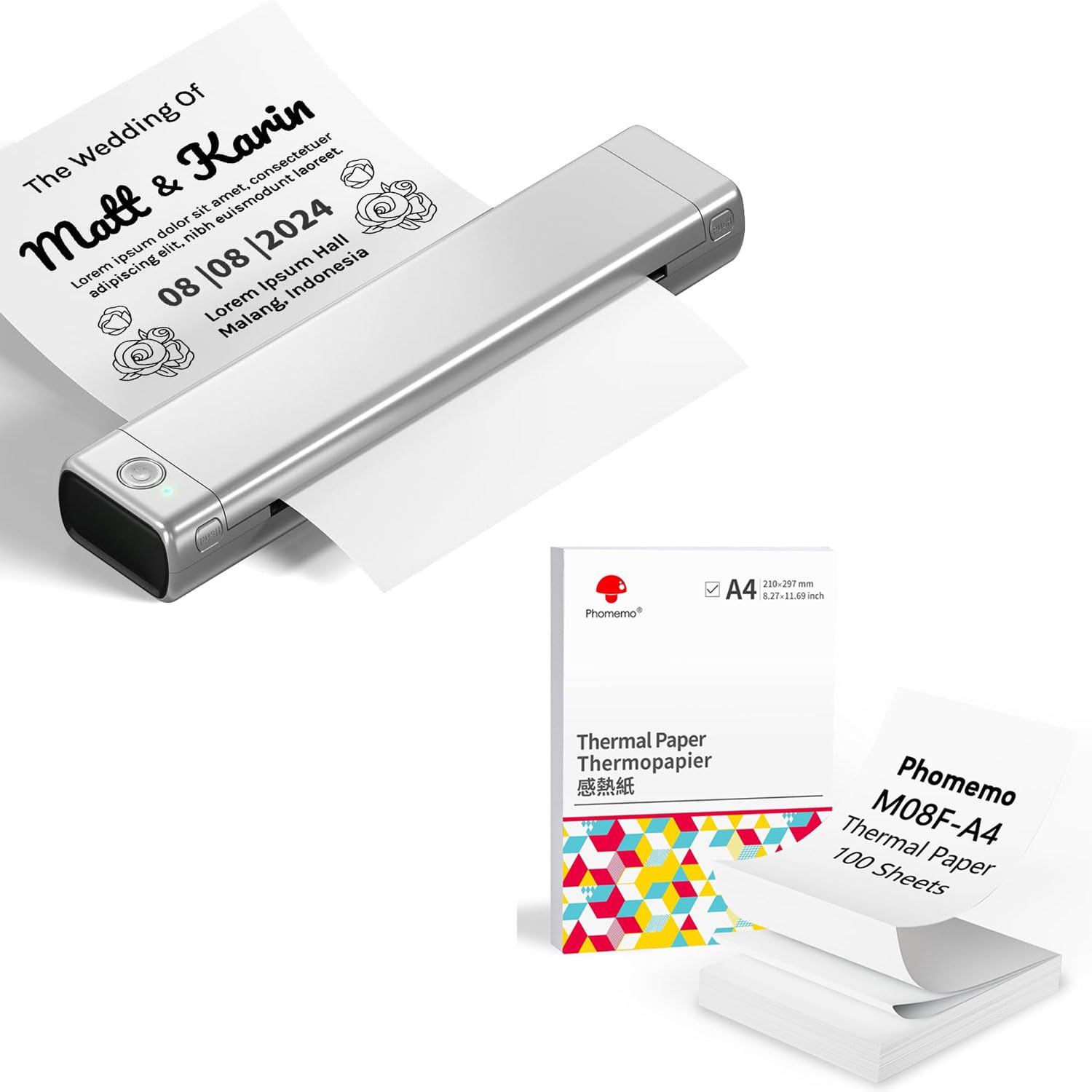 Phomemo Imprimante Portable A4 M08F Noir Argent avec 100 Feuilles de Papier Thermique A4 Plié, Imprimante Mobile Bluetooth sans Fil pour Voyages, Voiture, Bureau et Maison