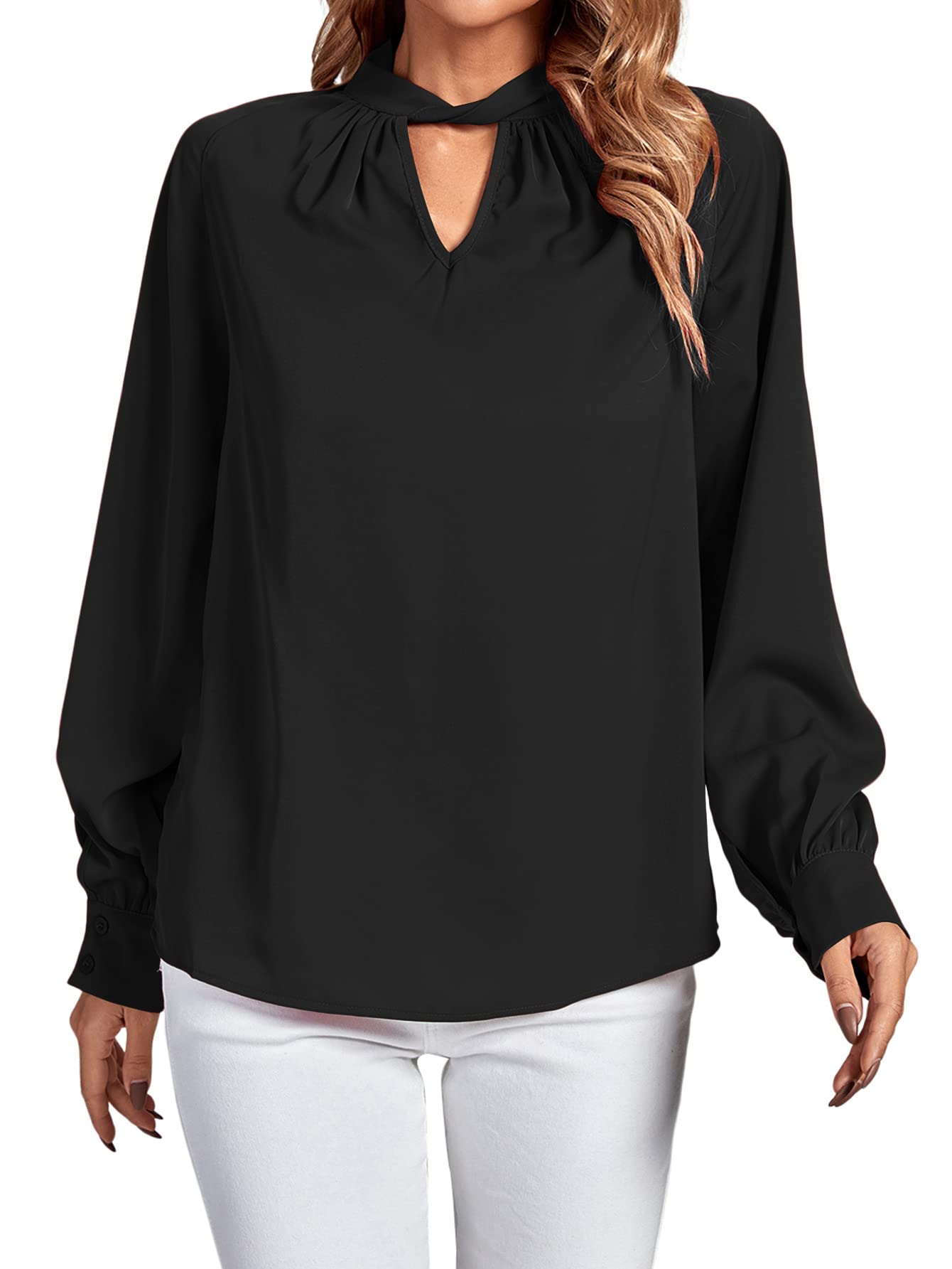 LYANER Women's Twist Hollow Out Front Mock Neck Keyhole Back Long Sleeve Office Blouse Shirt Top