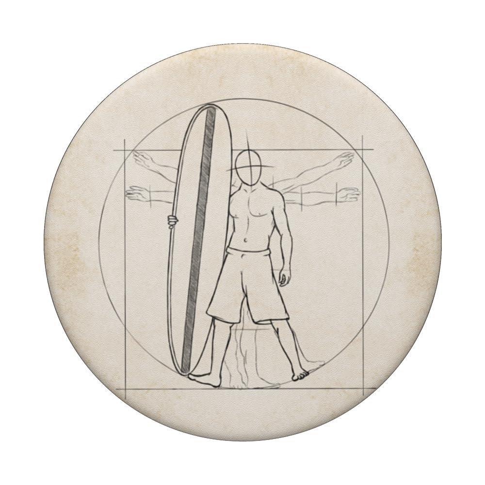 Vitruvian Man Surfer Dude With Mini-Malibu Board Sketch PopSockets Swappable PopGrip, Black - Image 3