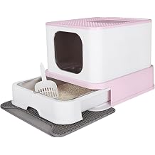 RIZZARI Stainless Steel Cat Litter Box - Covered, Pink, Large | Teflon Non-Stick Coating, High Sides, Odor Control, Easy-Clean Drawer, Anti-Splash, for Multi-Cat Homes & Apartments