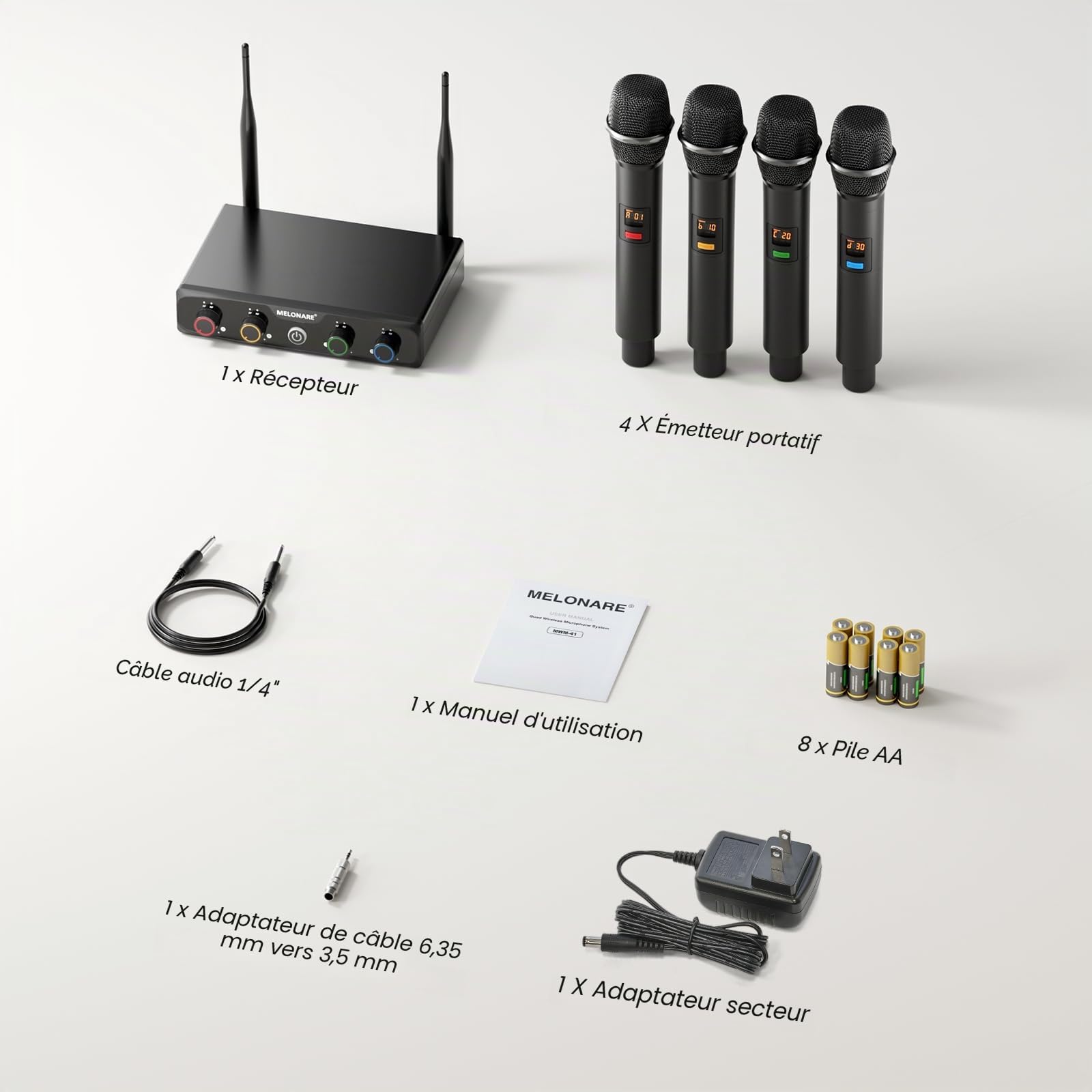 MELONARE Système de Micros sans Fil UHF Compact 4 Canaux MWM-41-4H