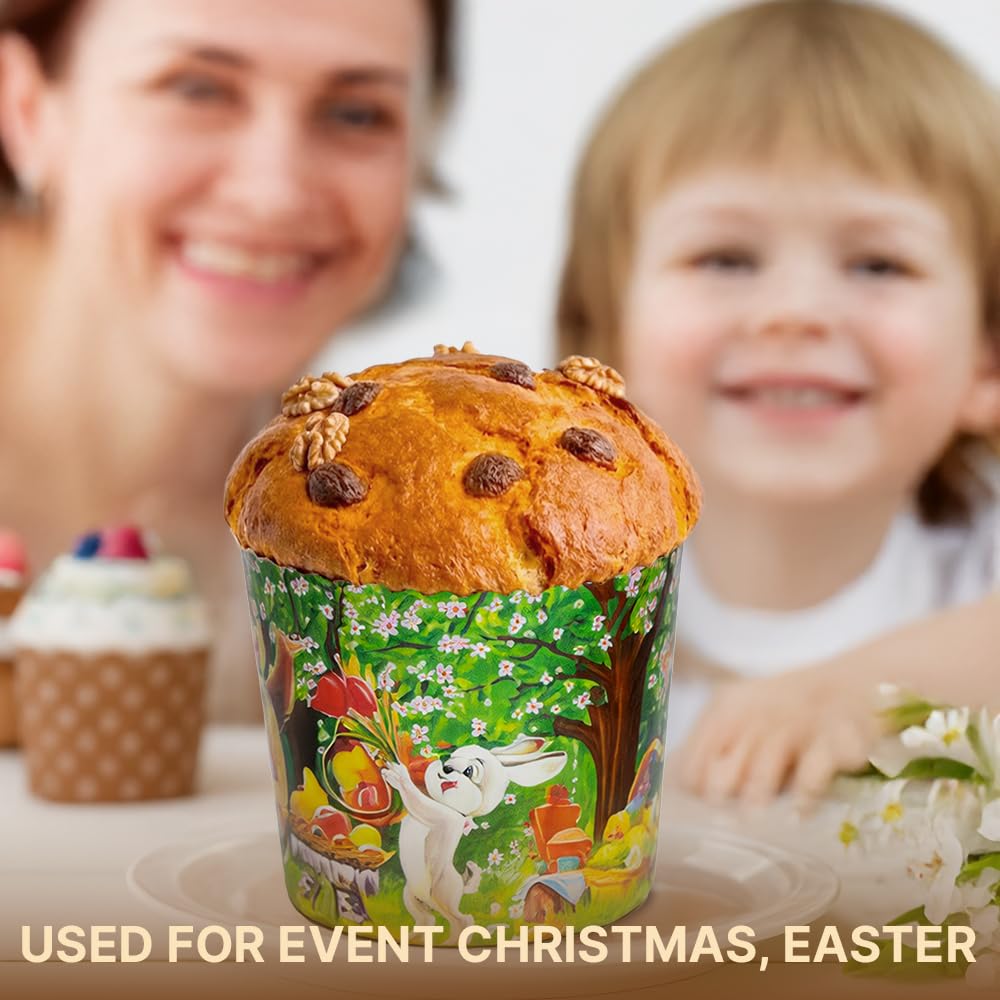Molde de papel Panettone divertido de 8 onzas – 12 piezas, 9 cm de alto x 9 cm de ancho, moldes redondos para hornear panettone – Moldes redondos para hornear pan de Pascua