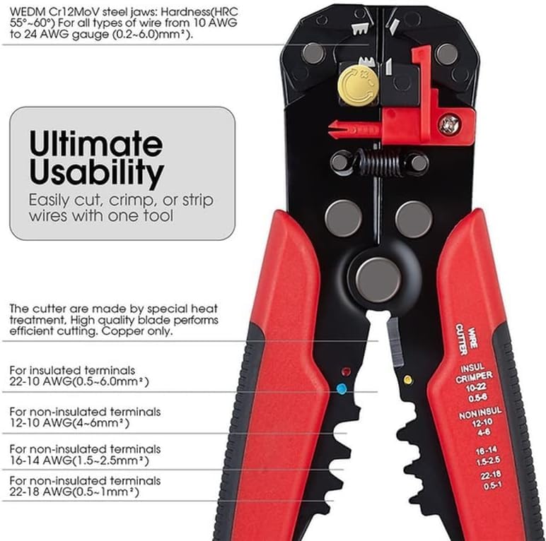 Automatic Wire Stripper, 3 in 1 Self-Adjusting Wire Cutter For Electrical Wire Stripping, Cable Cutting, Crimping Tool from 10-24 AWG Red - Image 2
