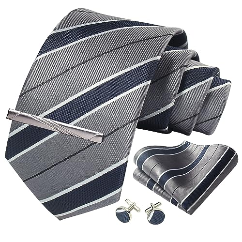 Image of Striped Plaid Polka Dot Mens Tie Formal Necktie Pocket Squares Ties Clips Cufflinks Classic for Men Set