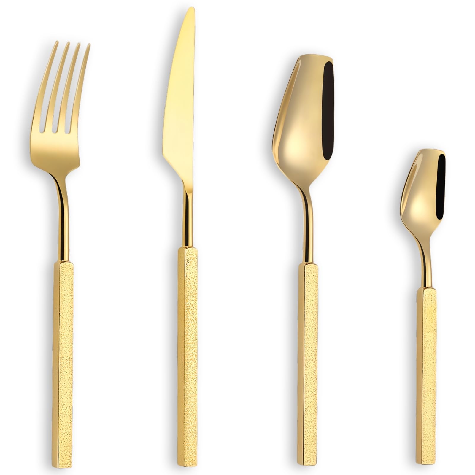 Besteckset Besteck Set 18/10 Edelstahl, Quadratischer Griff, Spiegel Poliert, Elegant Langlebig Geschirr Für Zuhause, Hotel, Restaurant, Neues Haus (Gold,24pcs)