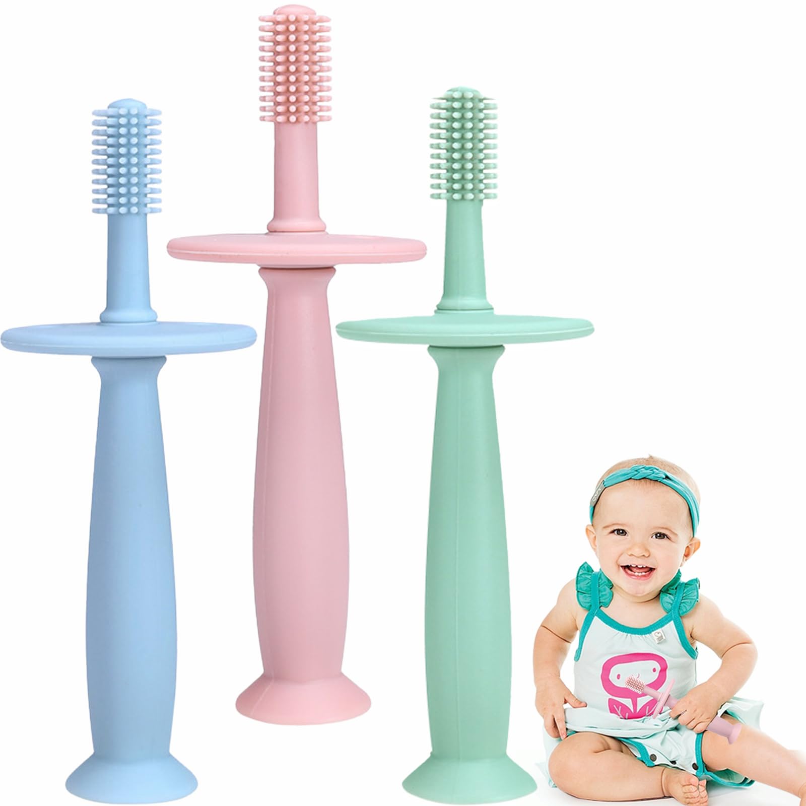 OKOKN 3 Pezzi Giochi Dentizione Neonato, Spazzolino Neonato Pulizia della Lingua, Massaggia Gengive BPA Free, Anello Dentizione Bambini 0-12 Mesi