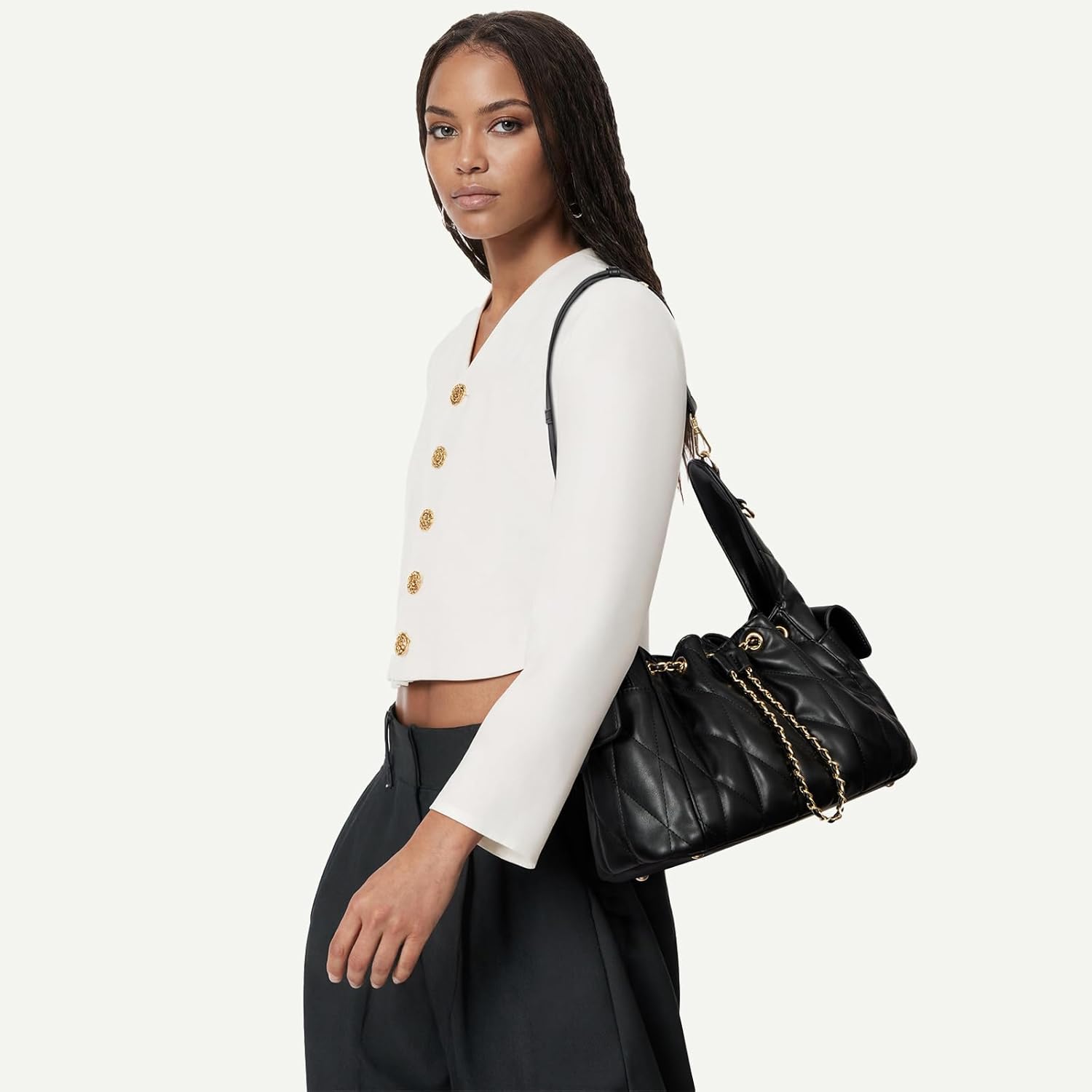 CLUCI Quilted Leather Handbag, Soft Tote Bags for Women with Adjustable Strap, Crumpled Shoulder Purse Tabby Slouchy Hobo Bag - Image 2