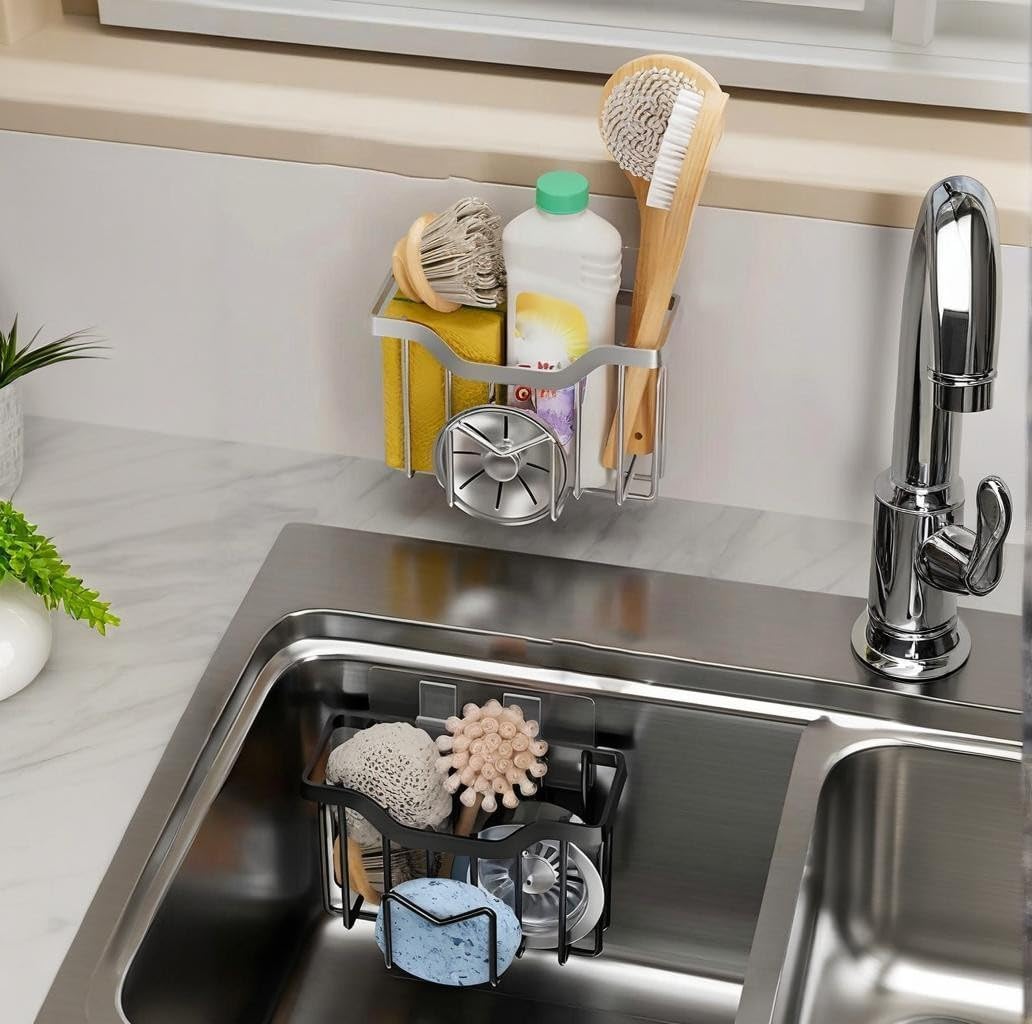 sink caddy organizer — black metal sponge holder with drainage design — kitchen sink storage rack, self-adhesive mount (15x8x9.5cm)