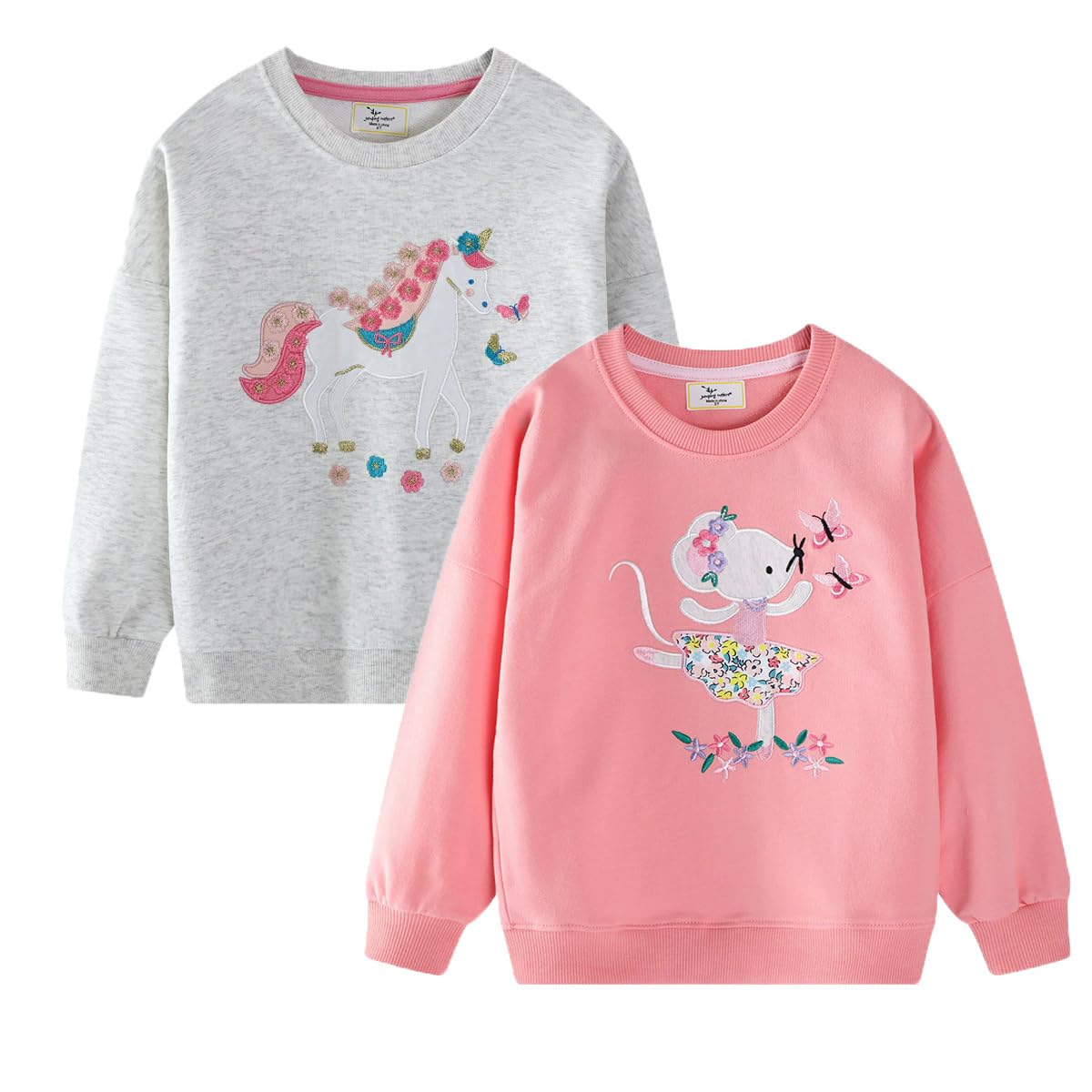 FILOWA Sweatshirt Enfant Fille Cheval Licorne Arc-en-Ciel - Pull Coton Doux Col Rond Manches Longues Gris Rose 2-7 Ans
