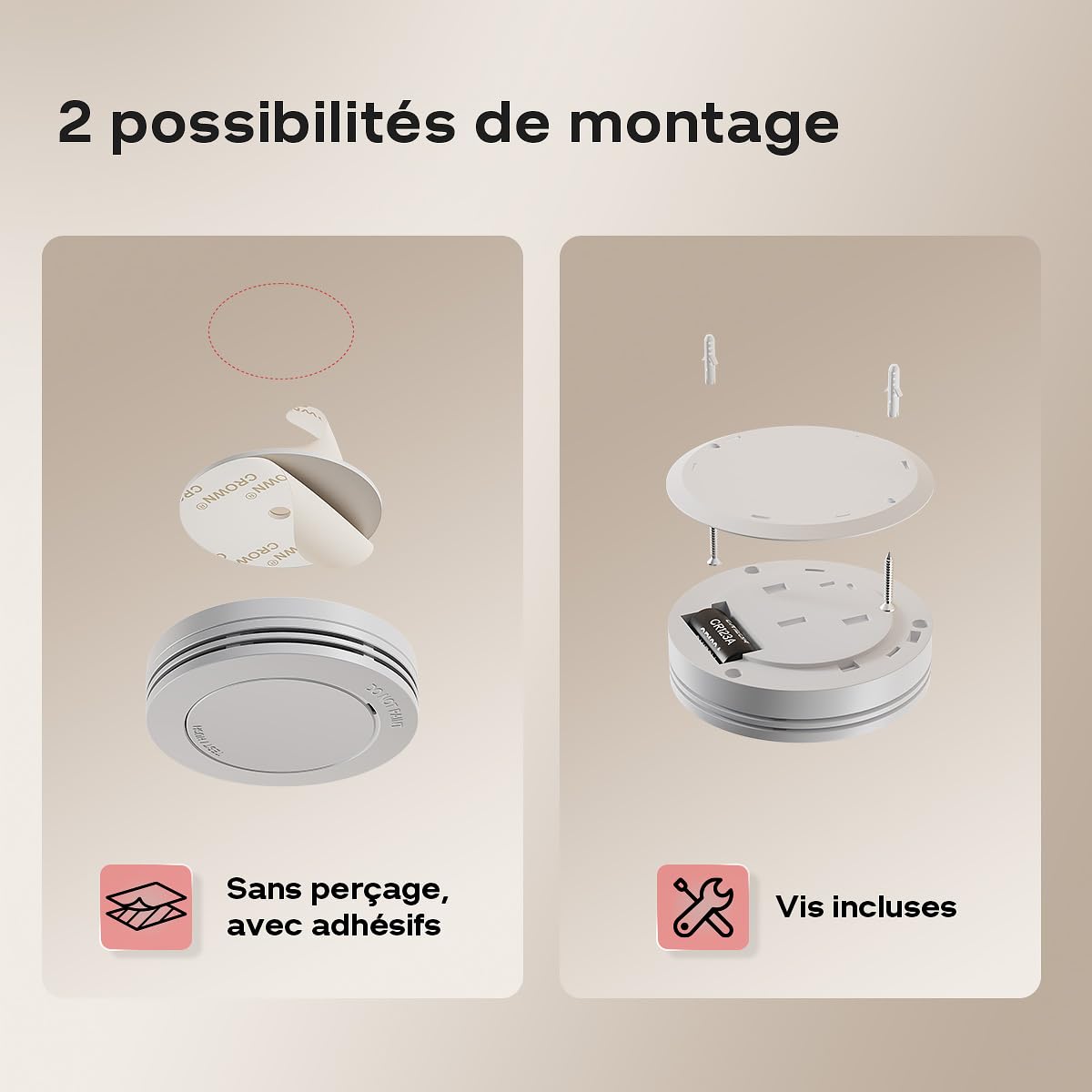 Safeliveo Détecteur de fumée Autonome,Batterie 10 Ans,Alarme 85 DB, Ultra-Fin, sans LED Clignotante,Fonction silencieuse, avec tampons adhésifs,2 Pièces