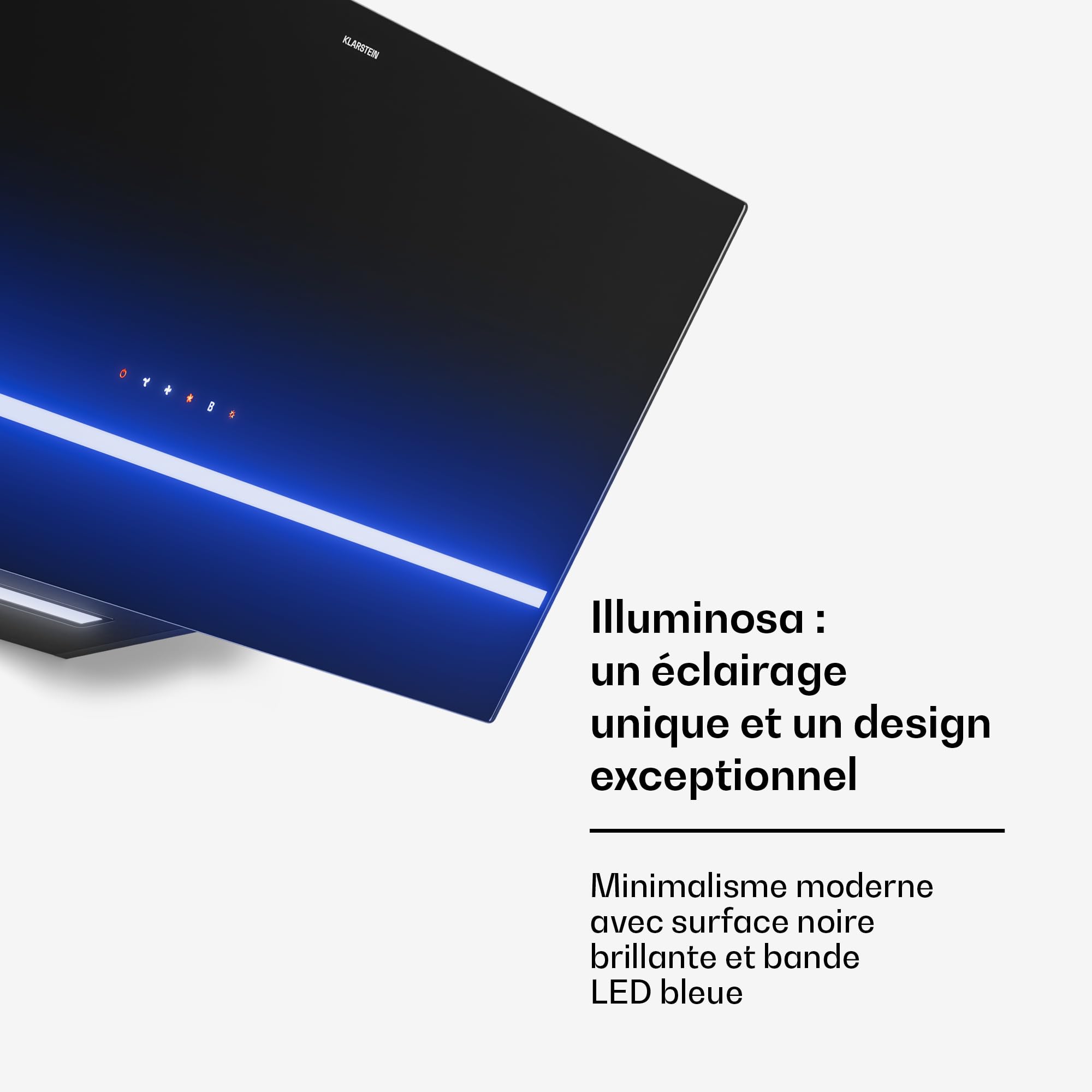 Klarstein Illuminosa Hotte Aspirante 90 cm - Hotte Décorative Inclinée, 818 m³/h, LED, Tactile, A++, 3 Vitesses & Boost, Filtre Charbon, Recyclage ou Évacuation, Cuisine