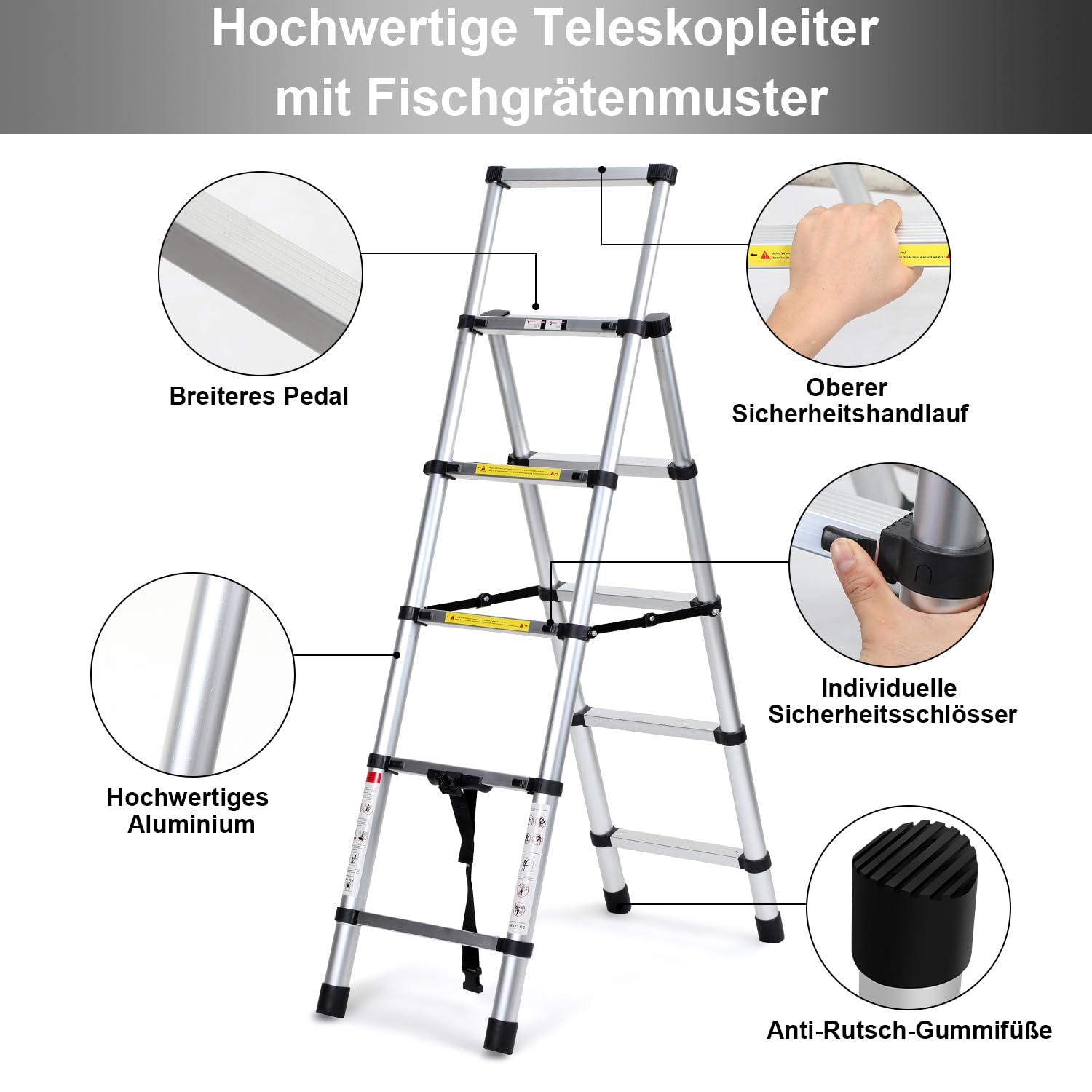 Eulenke Teleskopleiter 1.4m+1.7m Aluminium Trittleiter 4+5 Stufen Tragbare rutschfeste Klappleiter, 150 kg Belastbarkeit Stehleiter, Aluleiter für Drinnen, Draußen, Mehrzweckleiter, Haushaltsleiter