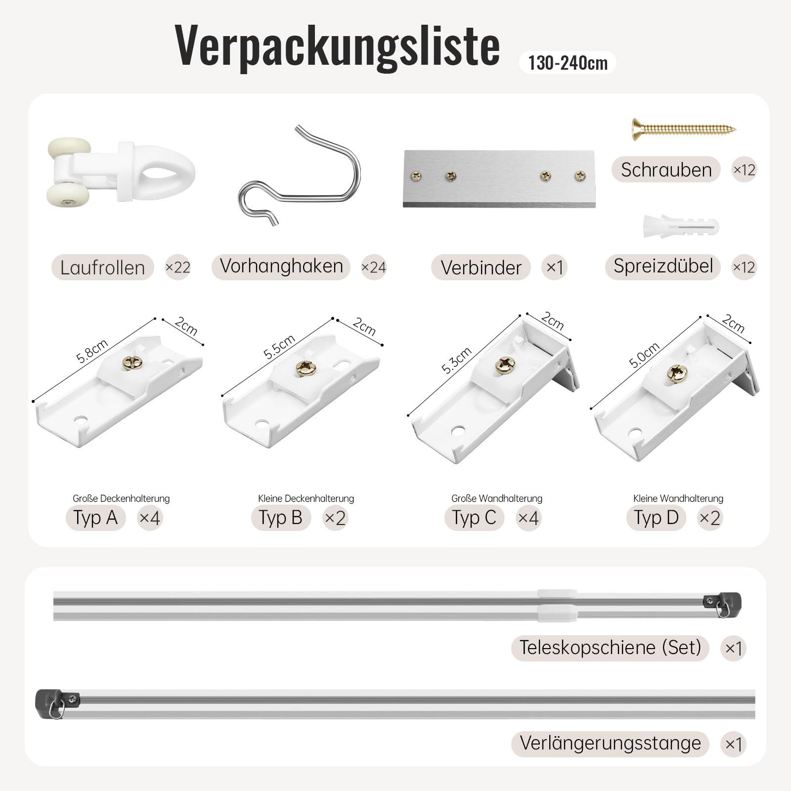 Barra de cortina retráctil 130-240cm, barra de techo de aluminio, kit de barras silenciosas, barra de cortina de separación para ventanas y habitaciones, Blanco