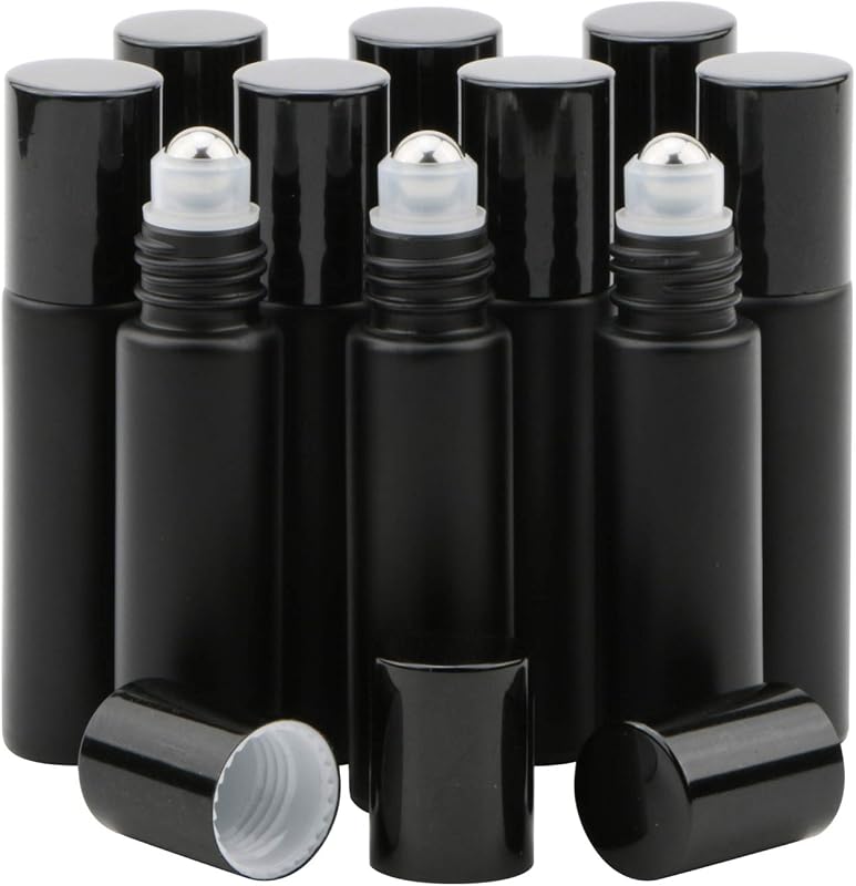 Kesell Frascos de Vidro com Roll-on para Óleos Essenciais, 10 mL, Pacote com 10, Pretos