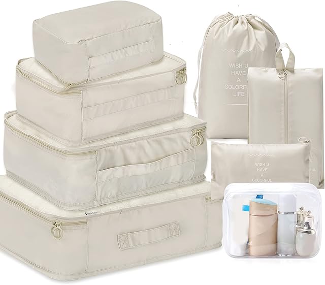 8 Set Packing Cubes - WantGor 6 Travel Organizer Luggage Compression Pouches + 1 Shoes Bag+ 1 Clear Toiletry Bag (1# Beige)