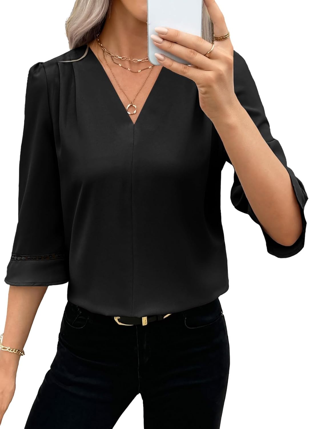 EVALESS Women's 3/4 Sleeve Tops Dressy Casual Pleated V Neck Business Work Blouses Office Shirts - Image 3