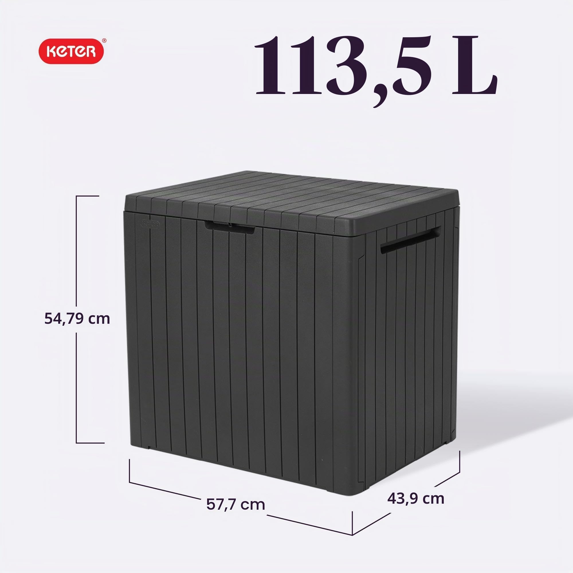Keter City Boîte de terrasse en résine pour meubles de terrasse, accessoires de piscine et rangement pour jouets d'extérieur, gris foncé 100 l