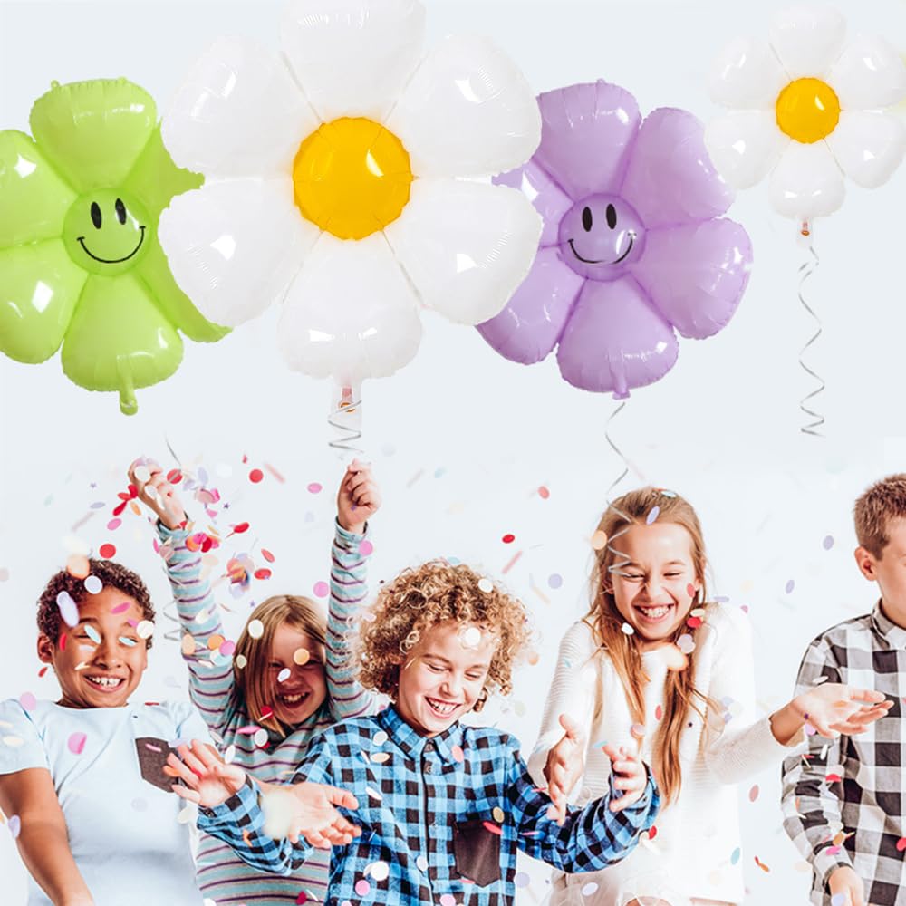 21 Pcs Daisy Balloons - Groovy Retro Hippie Boho Party Decorations, White Flower Foil Mylar Balloons For 60s Theme Birthday, Wedding