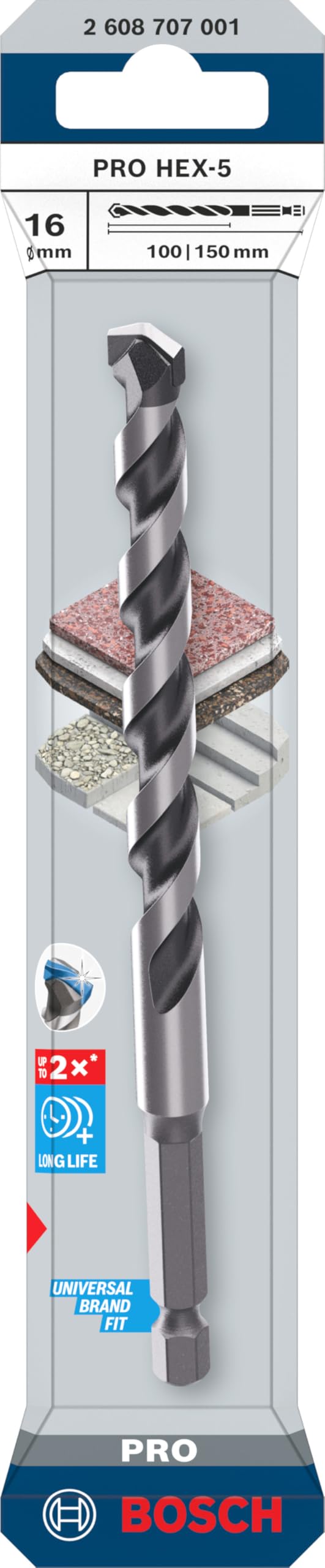 Bosch 1 broca PRO HEX-5 (para piedra dura, hormigón, diámetro de 16,00 mm, taladro eléctrico, destornillador)