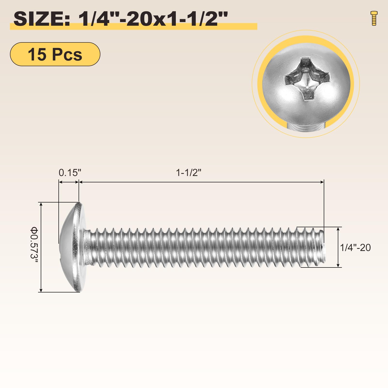 METALLIXITY Machine Screws Phillips Head(1/4"-20x1-1/2") 15Pcs, 304 Stainless Steel Round Head Phillips Drive Furniture Bolts - Image 2
