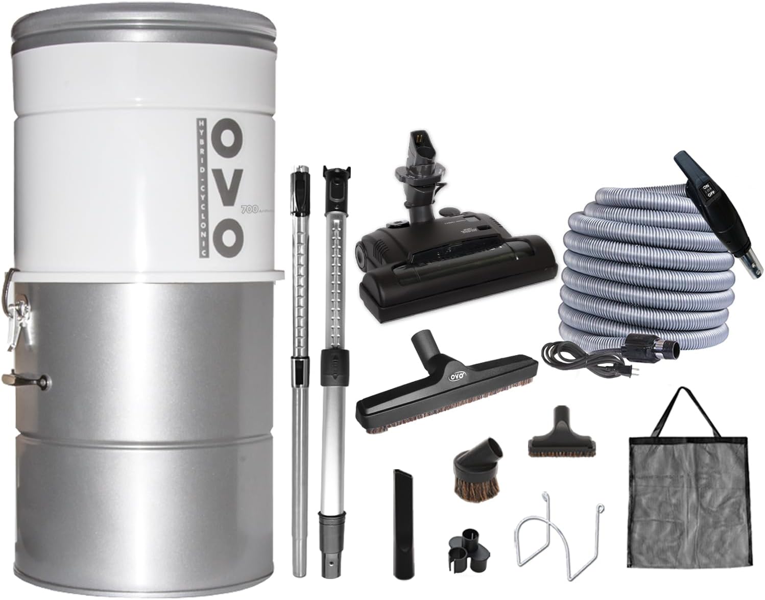 OVO Large and Powerful Central Vacuum System, Hybrid Filtration (with or Without Disposable Bags) 25L or 6.6 Gal, 700 Airwatts with 35 ft Carpet Deluxe Accessory Kit Included