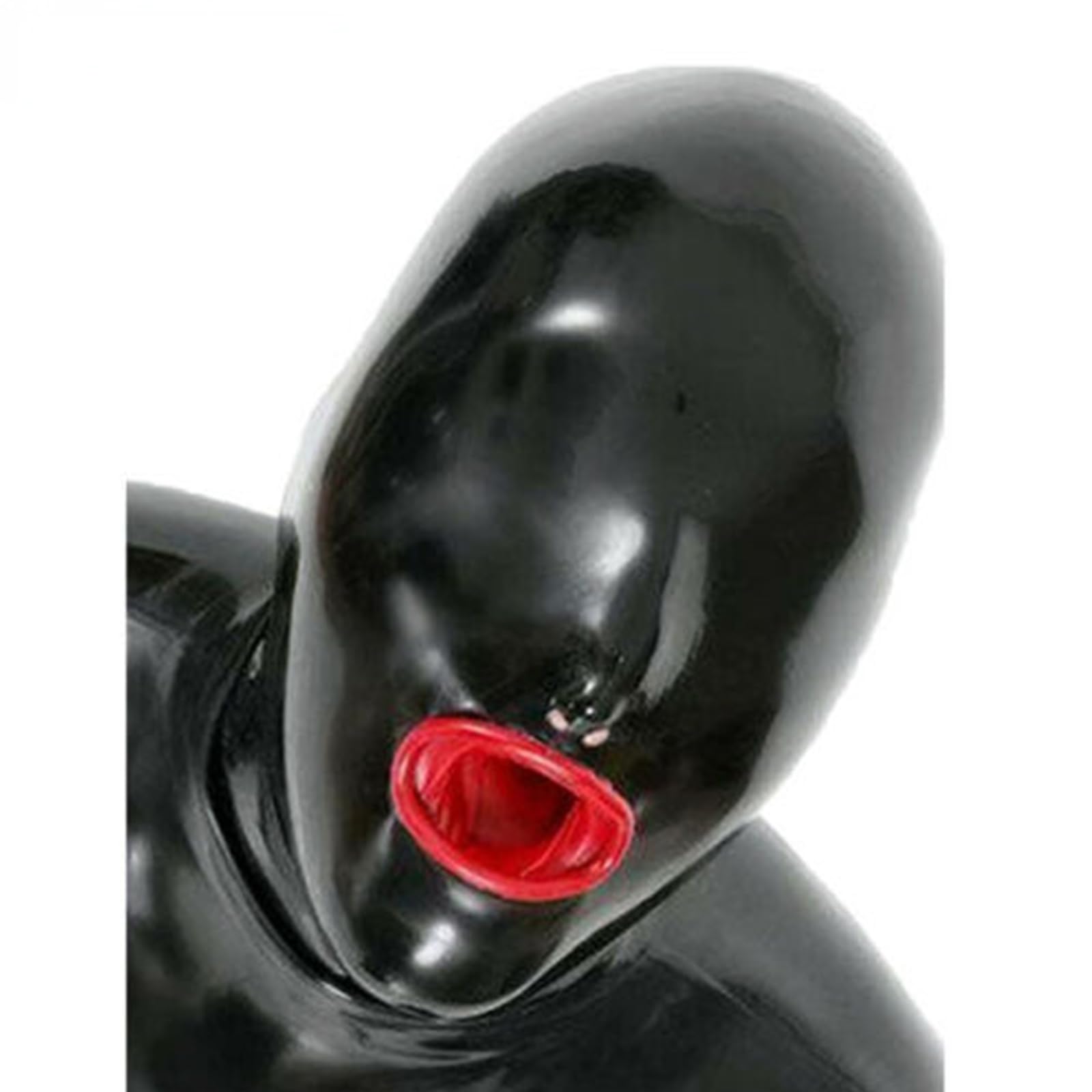 DSPENGS Latex Hood BDSM Riding Mask with Inner Red Mouth Condom Natural latex with Back Zipper for Cosplay Unisex(Size:M-65CM)