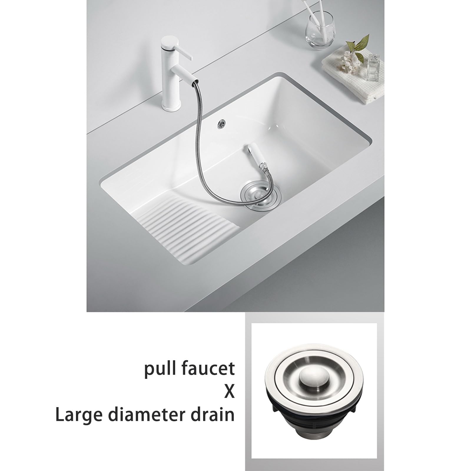 Fregadero rectangular de cerámica blanca con tabla de lavado y rebosadero, ideal para lavandería, balcón o baño (21 x 15.7 x 8 pulgadas), diseño duradero y elegante