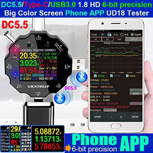WANGCL Multimeter LCD Digital USB Tester connected to a phone displaying the app interface