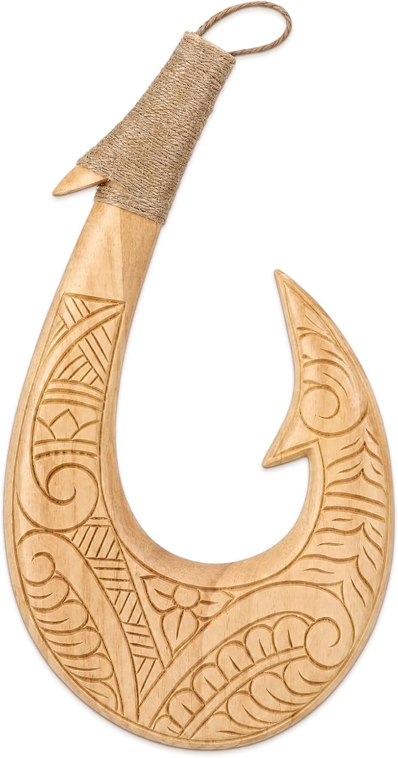 Fuutreo Hawaiian Hand Carved Makau Fish Hook 11.8 Inch Wooden Fish Hook Polynesian Demigod Maui-Inspired Engraved Tribal Style for Home Wall Decor Nautical Gift for Men(Black Maui)