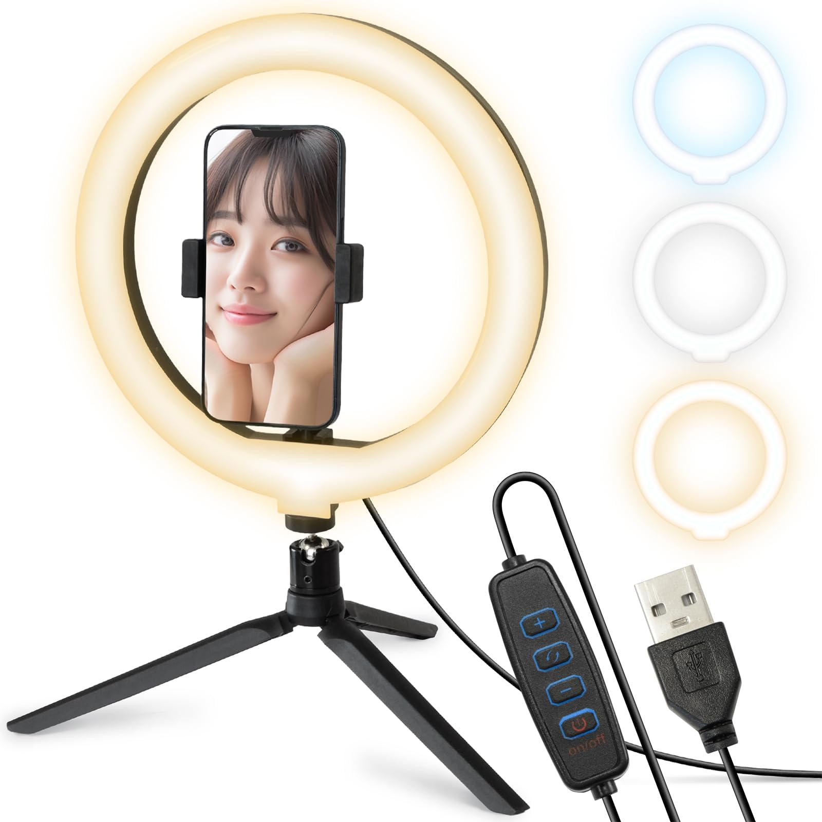 MERSHEART Ring Light with Tripod 26cm 【Technical Certification Obtained, Eye-friendly】Actress Light Smartphone LED for Selfie Shooting, Desktop Light, 3 Color Modes, 10-Level Dimming, USB Power Supply