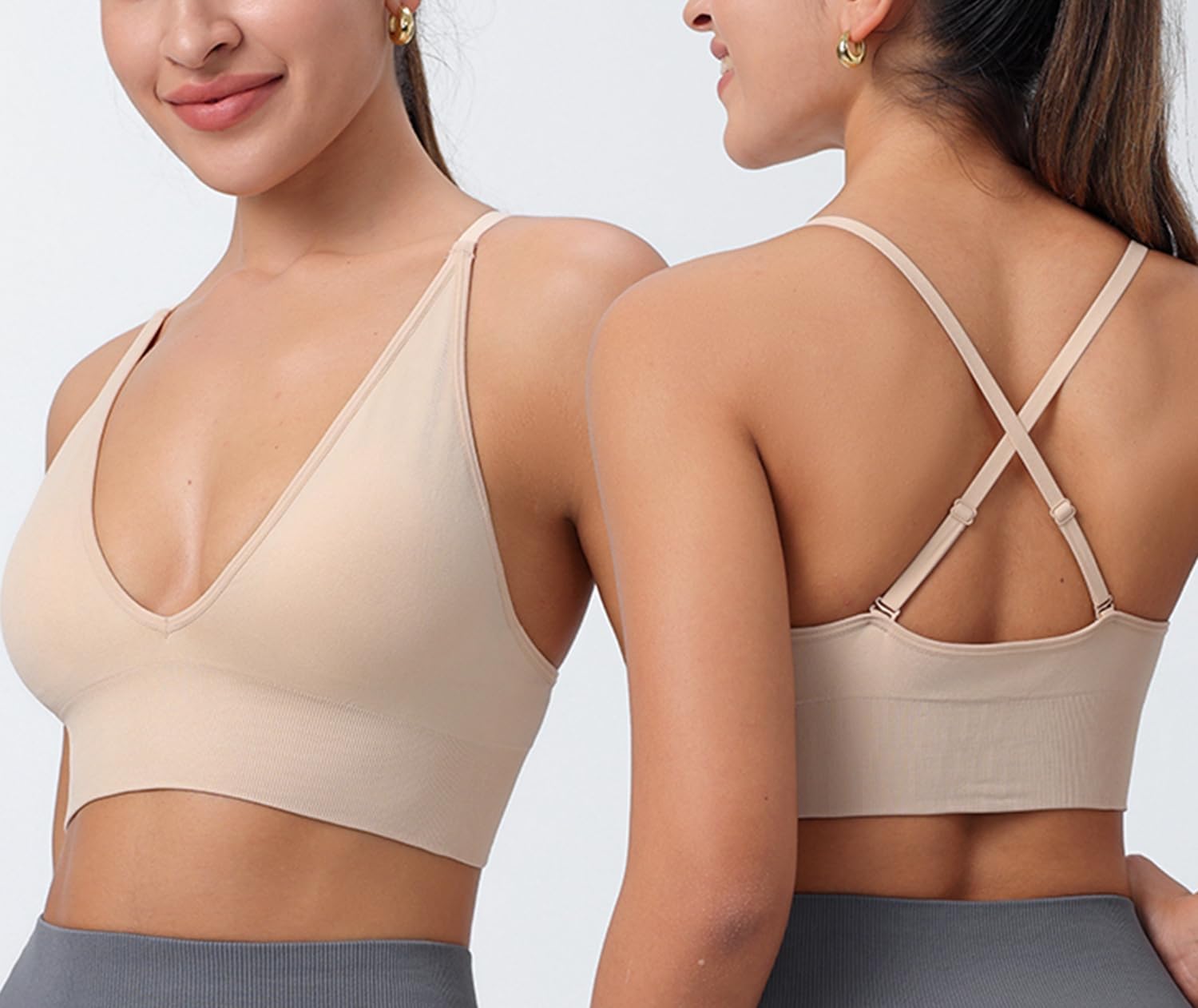 Bralette for Women Removable Padded Sports Strappy Bra Yoga Seamless V Neck Triangle Wireless Longline - Image 6