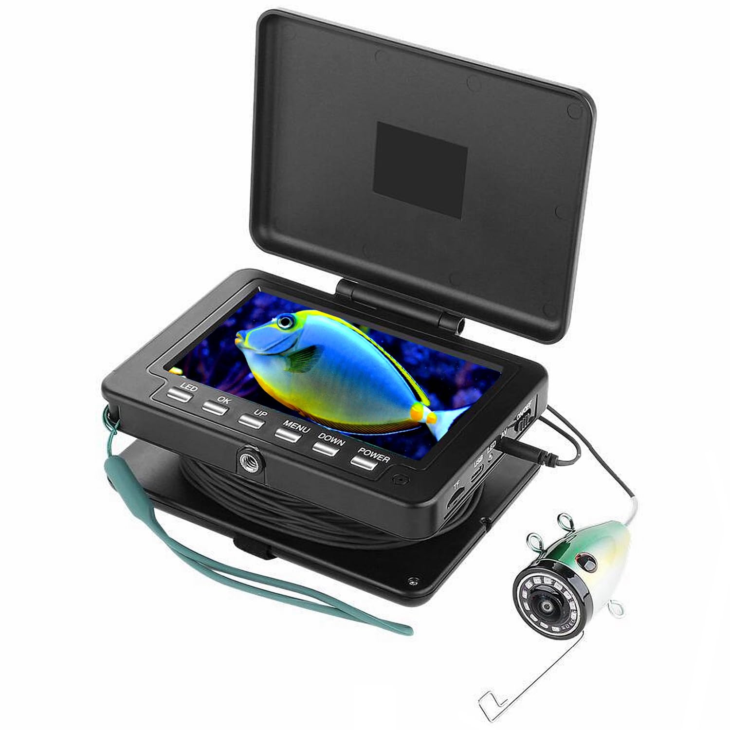 Underwater Fishing Camera with 5 Inch LCD Monitor DVR Recorder, 1080P Portable Fish Finder, 12Pcs Adjustable LED White Lamp Lights for Lake, Boat, Ice Fishing