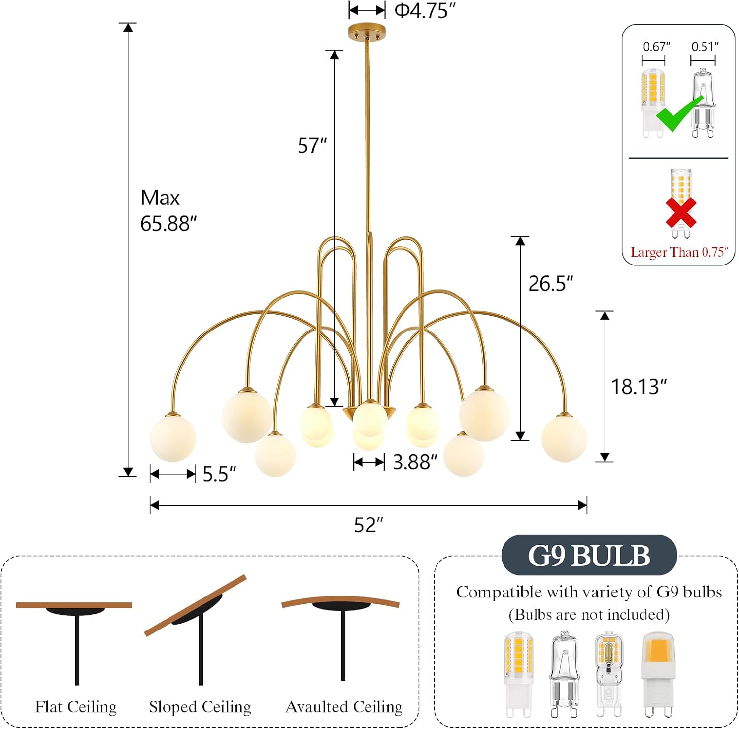 L52’’ Gold Sputnik Chandelier 12-Light Large Modern Gold Chandelier with Milk Glass Globe Shades Luxury Mid Century Chandelier for High Ceiling Foyer Staircase Living Room