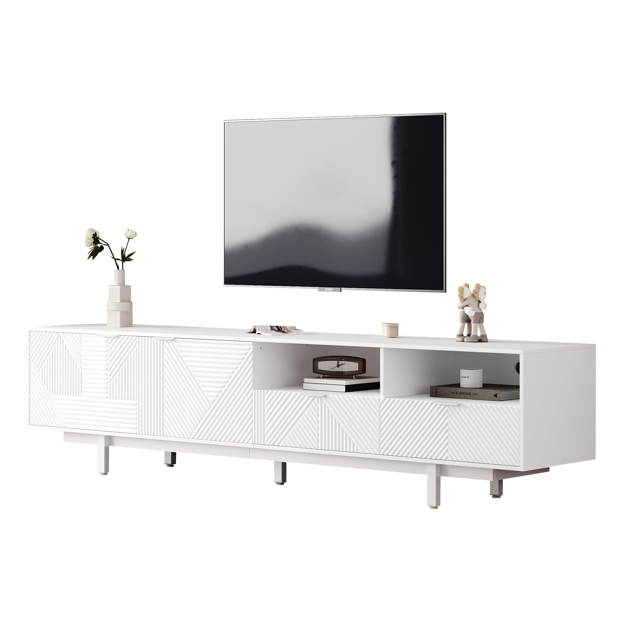 TV Lowboard 200 cm Weiß mit geometrischem Muster, TV Schrank für 90 Zoll Fernseher, modernes TV Board mit Stauraum & Türen, TV Unterschrank mit Kabelmanagement & Metallfüßen