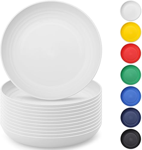 Berglander Juego de 12 platos de plástico blanco de 9 pulgadas, reutilizables y resistentes, irrompibles, platos para ensalada, cuencos para pasta,
