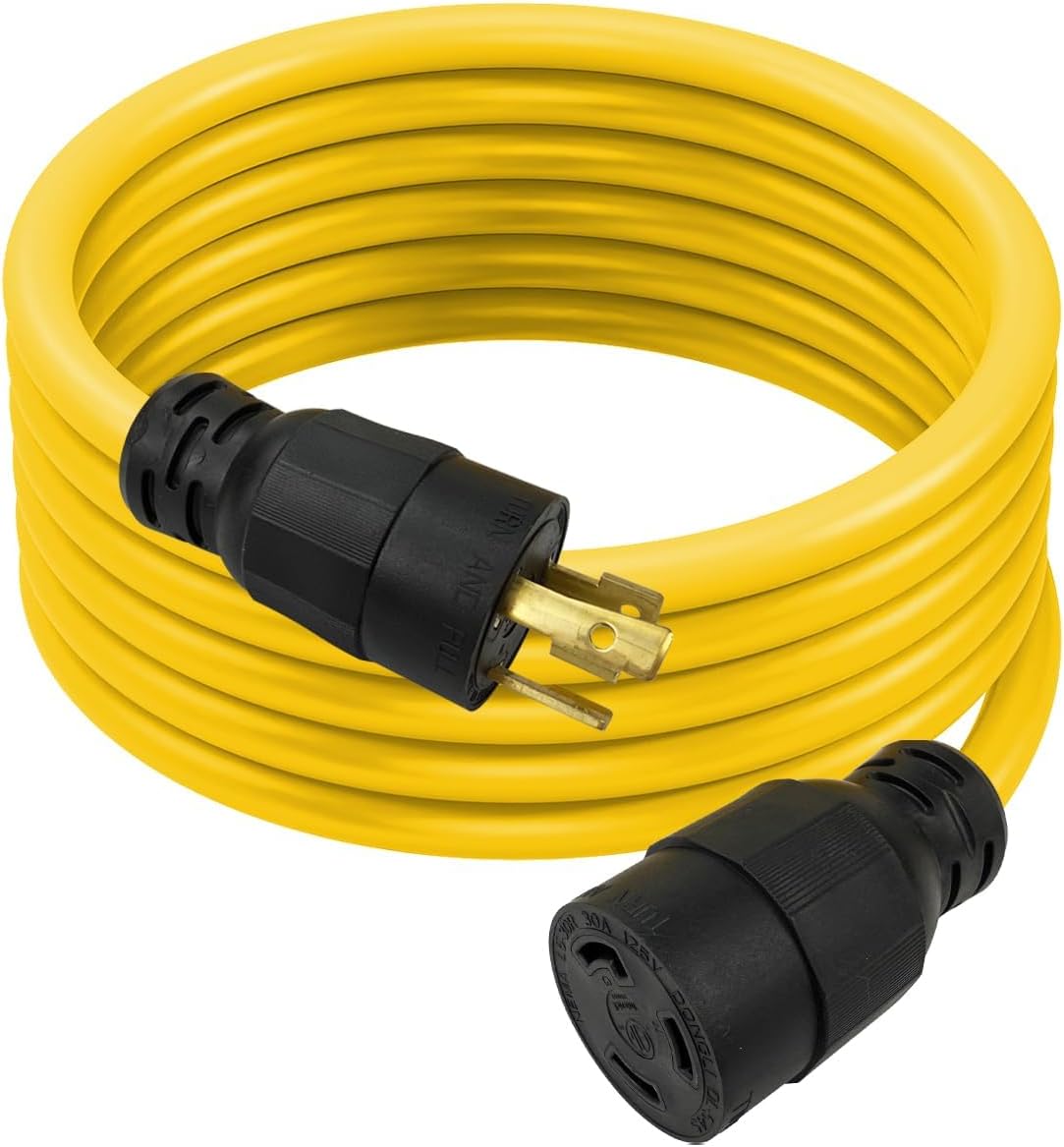 15 Ft 30-Amp NEMA L5-30P/R Generator Extension Cord, Yellow | 10 Gauge SJTW Twist Lock Heavy 3-Prong 125V 3750W Duty Power Cord for House, RV ETL Listed