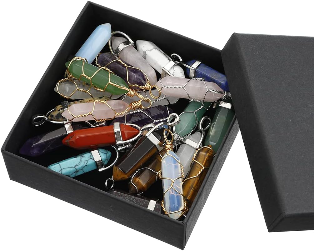 Lezam 24Pcs Healing Crystal Pendant for Women Natural Chakra Quartz Stone Charms Hexagonal Gemstone Bulk for Necklace Jewelry Making