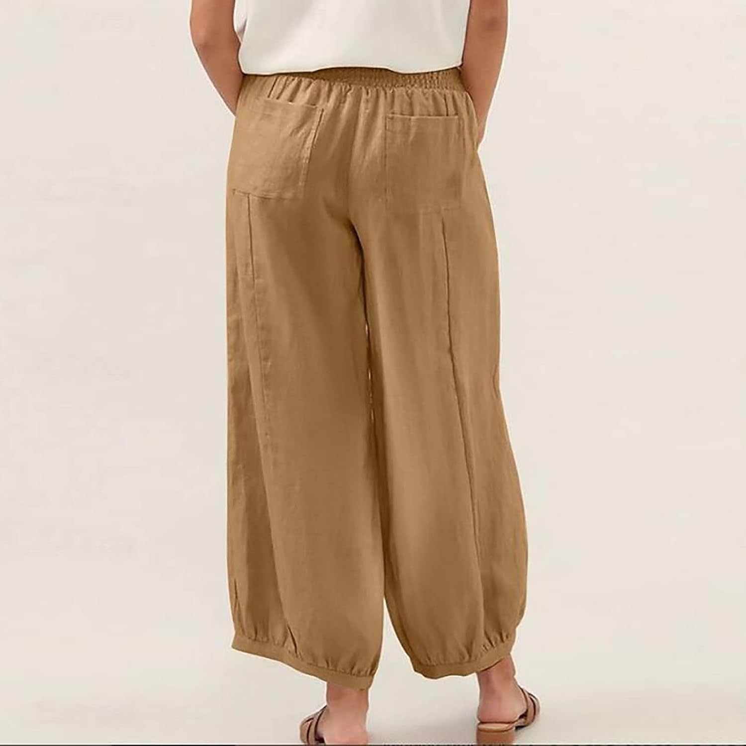 Women Cotton Linen Pants Summer Casual Capris Cropped Wide Leg Trouser Ruched Elastic Waist Harem Pant with Pocket