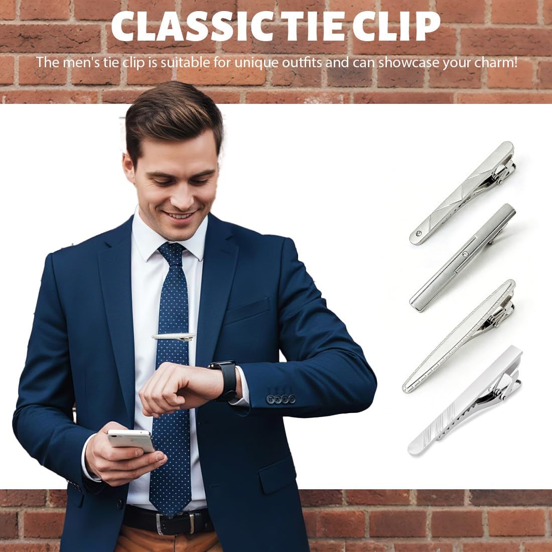 Set di 4 Fermacravatta Uomo in Metallo Colore Argento, Fermacravatte Eleganti per Matrimonio Business e Uso Quotidiano