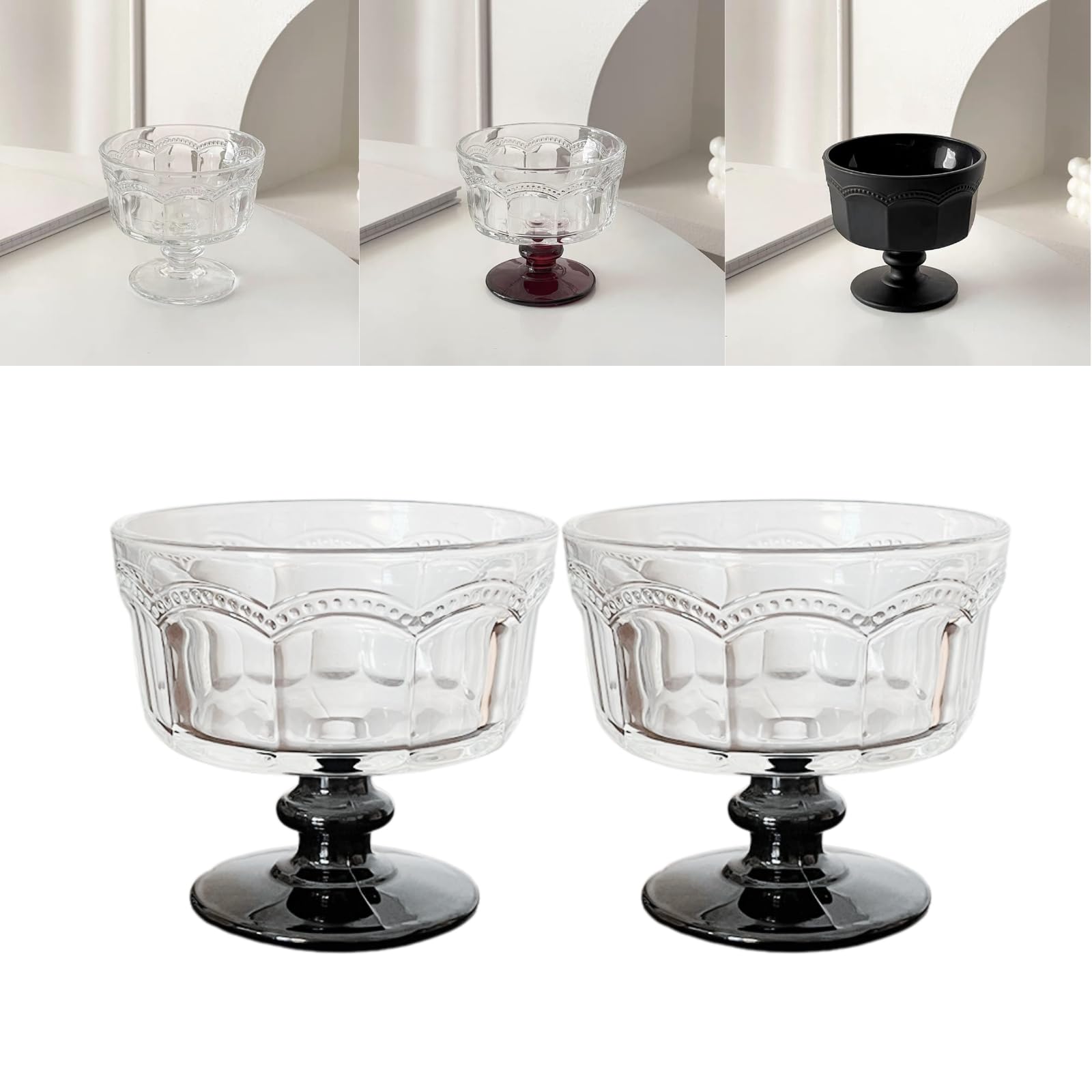 Boxonly Black Base High-Stem Ice Cream Cups (Set of 2) - Handmade Glassware for Ice Cream, Yogurt, and Desserts