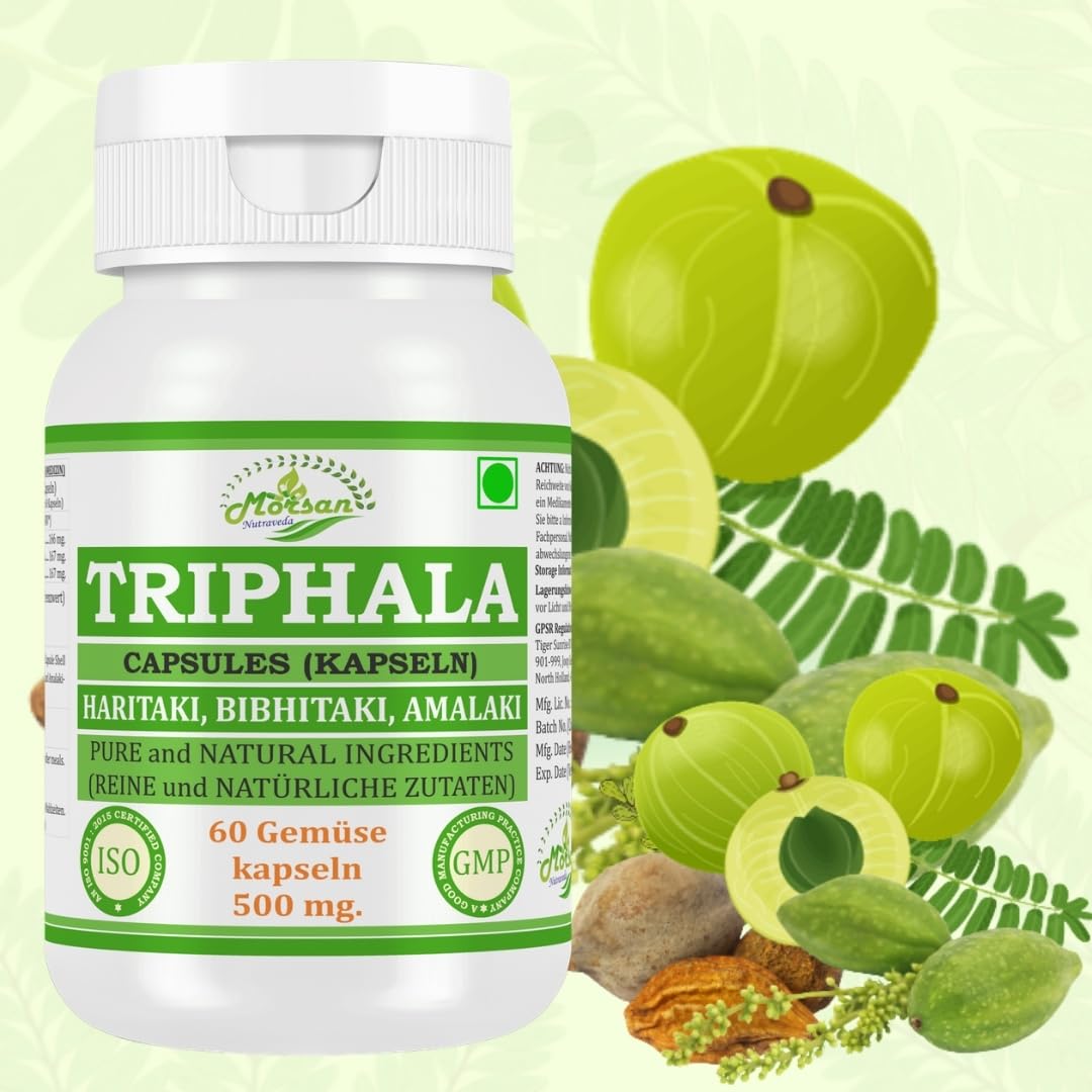 Triphala-Kapseln 500 mg. 60 Veganer. Einheiten | Amalaki (Emblica officinalis) Haritaki (Terminalia chebula) Bibhitaki (Terminalia belerica) Extrakt-Kapseln | 10:1 Stärke (2 Flasche mit 60 Kapseln)