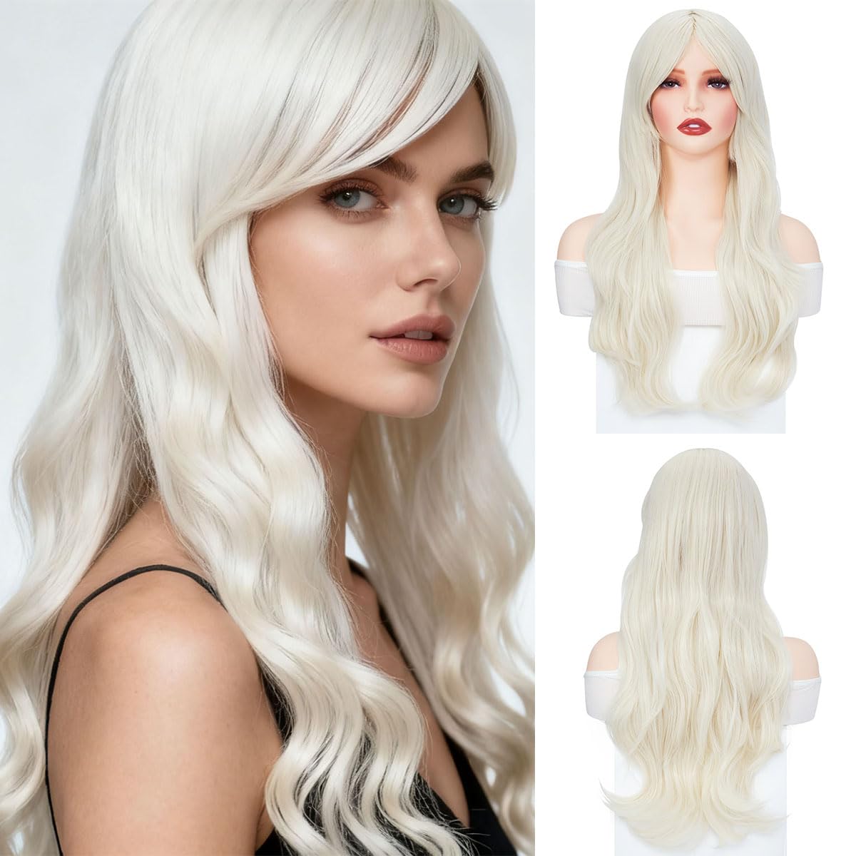 PARXITN Perücke Damen Blond Perücke mit Pony 28 Zoll/70 cm Lang Gewellten Lockig für Frauen Cosplay Halloween Kostüm Karneval Fasching