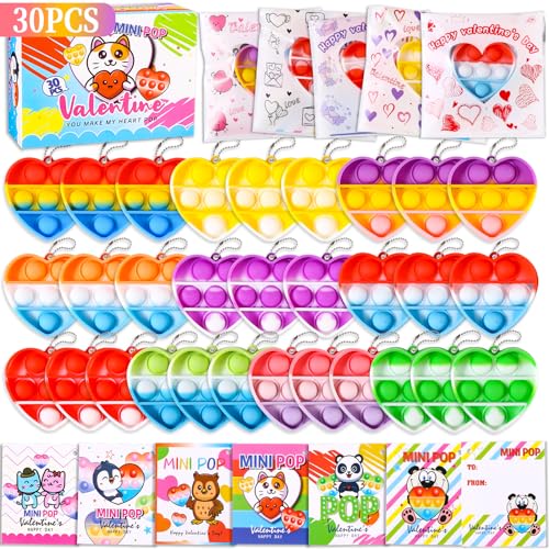 30 PCS Valentines Day Gifts Card for Kids, Valentine Heart Mini Pop Exchanging Gift Classroom Prizes, Valentines Party Favors Pop Fidget Toys, Heart Bubbles Pop School Prize Party Supplies