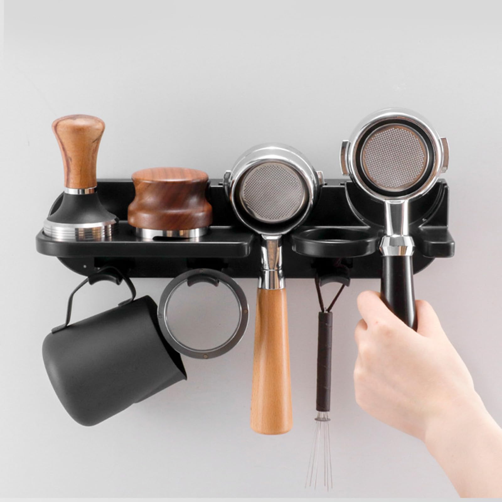 BBTISG Coffee Portafilter Rack, No-Punch Hanging Coffeepots Wall-Mounted Coffee Tamper Coffee Tools Shelf for Portafilter Machine and Barista Accessories (58mm)
