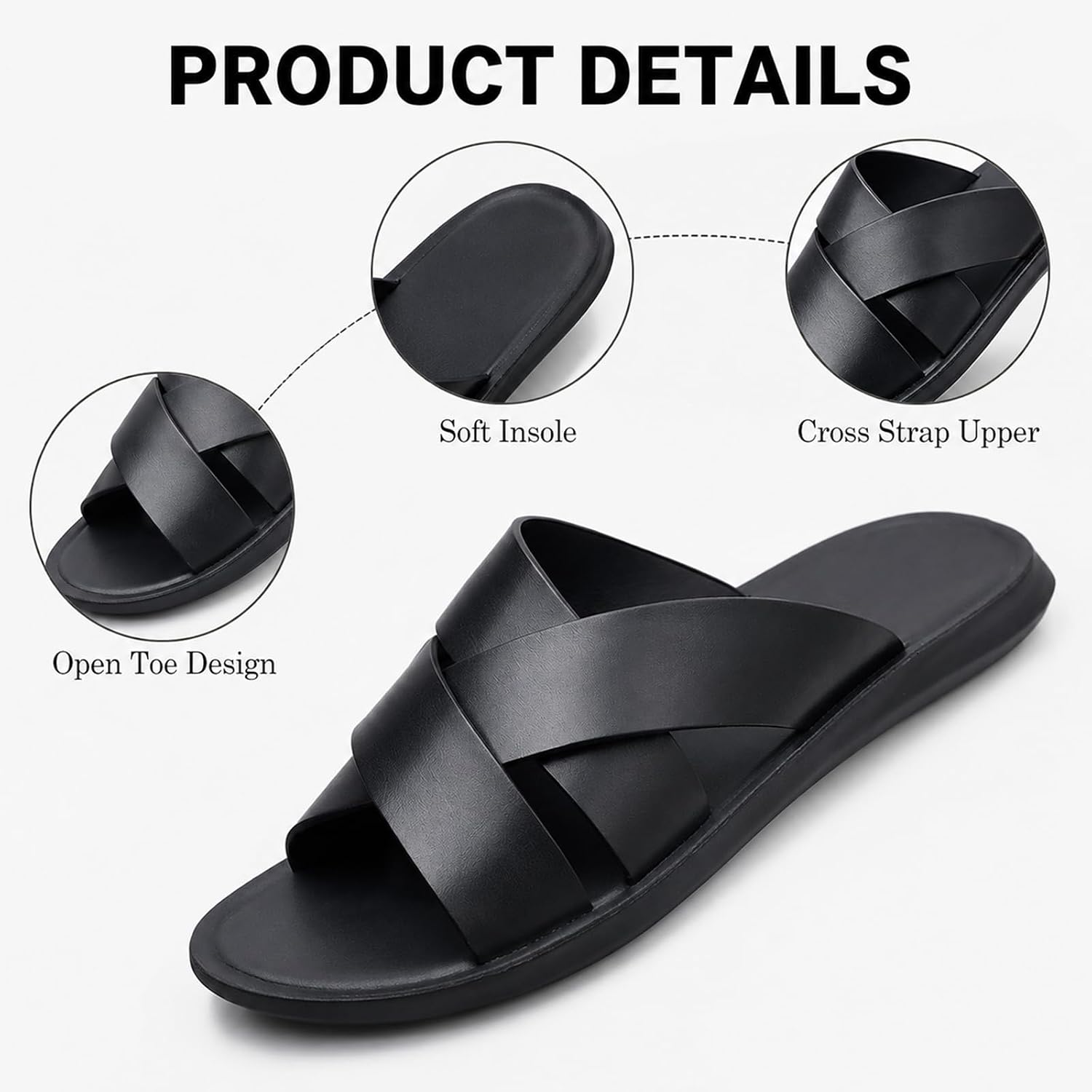 Men's Strappy Slip On Slides Sandals Lightweight Open Toe Anti-Slip Flat Beach Slippers for Summer Vacation Indoor Outdoor Walking Sandals