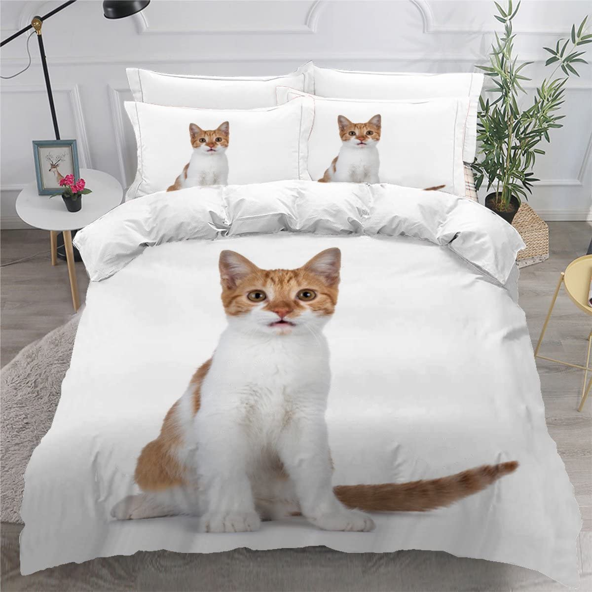 Parure de lit chat 140x200 enfant housse de couette 1 personne motif 3D animaux mignon blanc microfibre