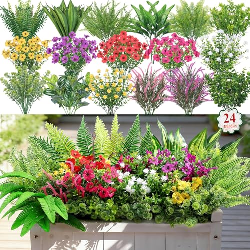 Alupssuc 24 Pcs Artificial Plants Flowers for Outdoors, Realistic Faux