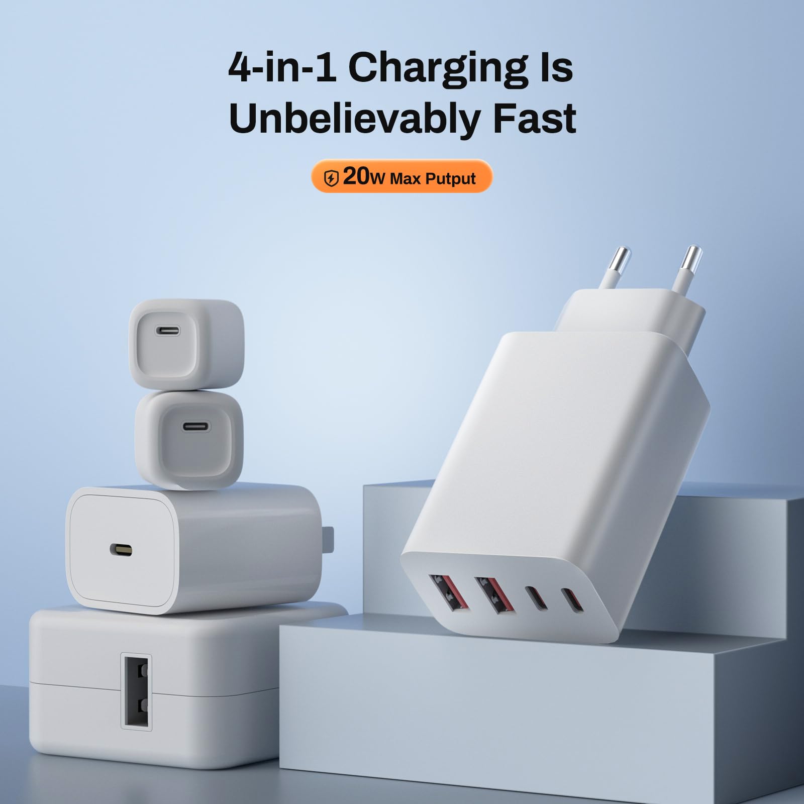 Chargeur Rapide USB C,40W 4 Port Prise USB C Chargeur USB Multiple Avec PD Et QC3.0, Adaptateur