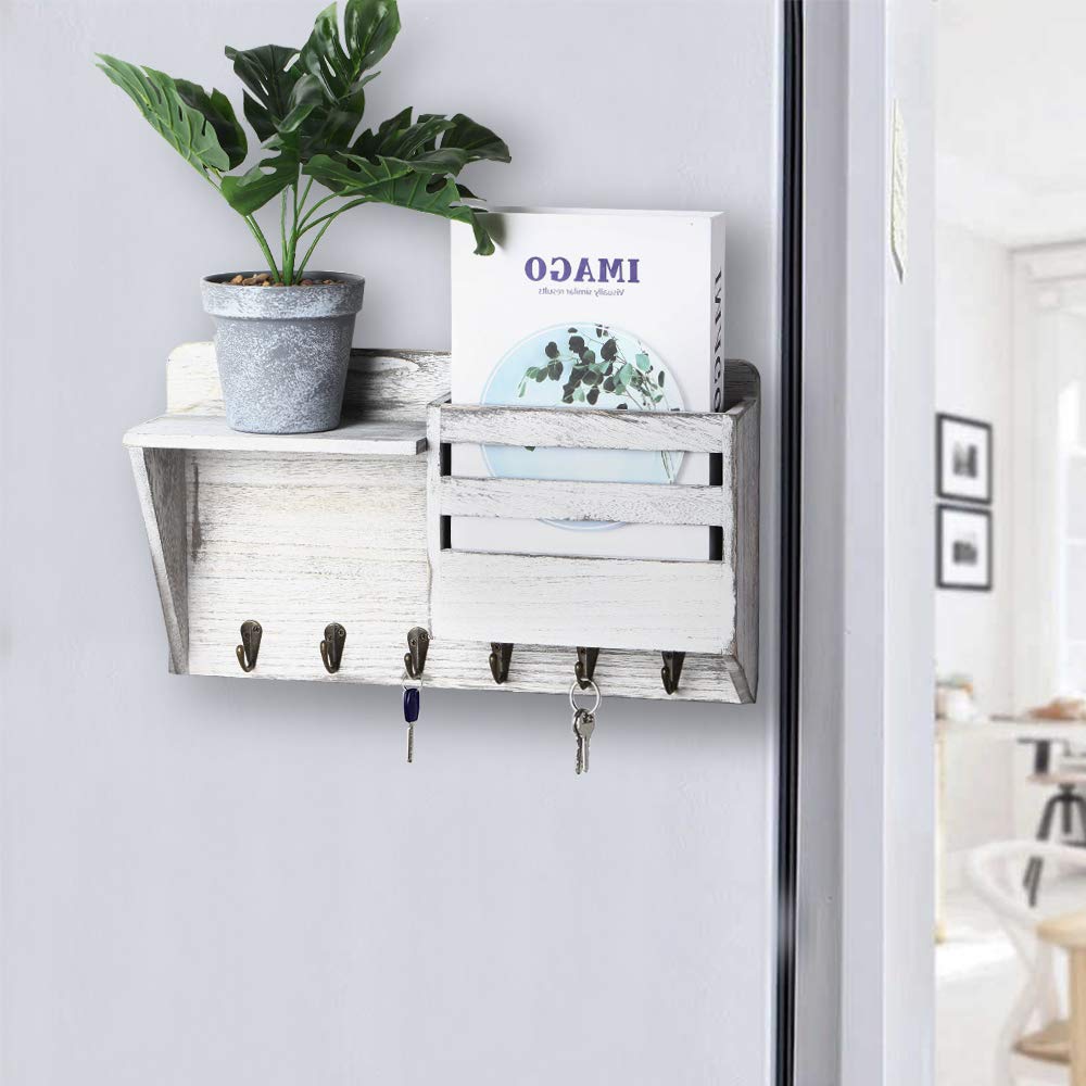 Shinoske Porte clef mural, Crochet à clé mural en bois avec étagère, vintage range porte-courriers mural avec 6 crochets pour clés, lettres, journaux - blanc gris