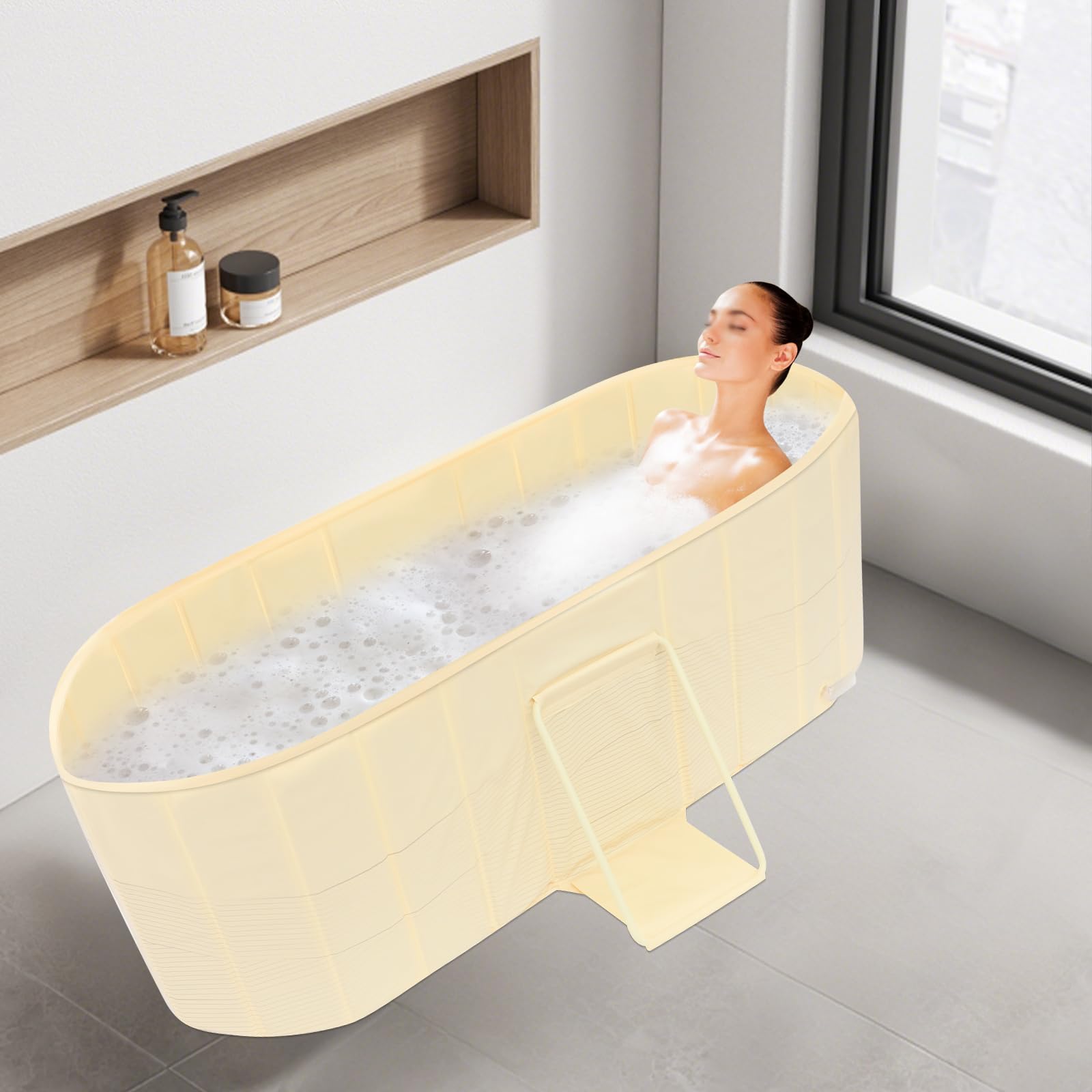 Vasca da bagno portatile pieghevole per adulti per casa, bagno di ghiaccio, sauna e doccia con vite di scarico e tubo, fino a 100 kg, fino a 175 cm, 150 x 55 x 50 cm (giallo)